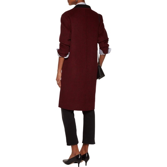 SANDRO Claret Felt Wool Houndstooth Long Coat Red/Black - Picture 2 of 10
